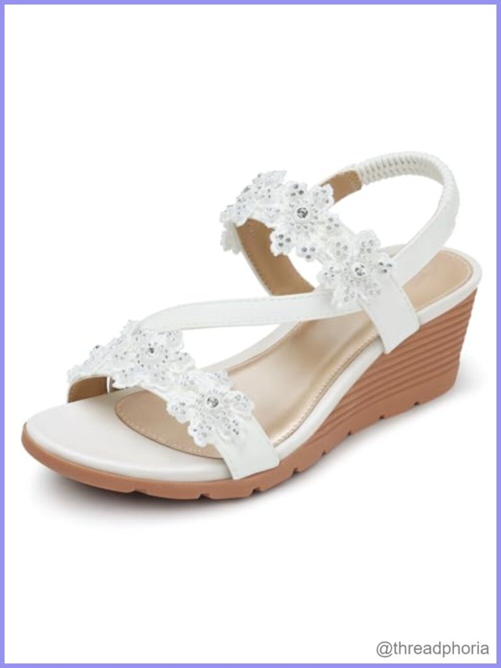 Faux Leather Rhinestone Flower Wedge Sandals with Arch Support